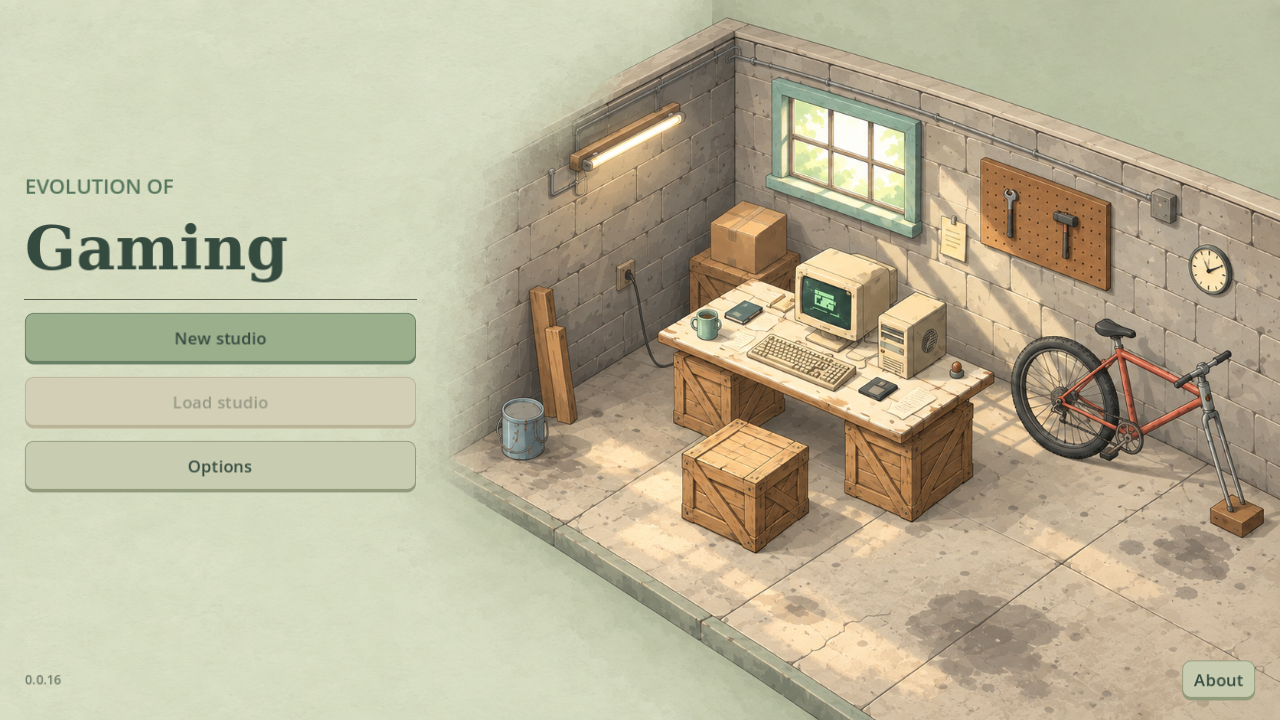 Development title screen · Garage artwork from version 0.0.16.